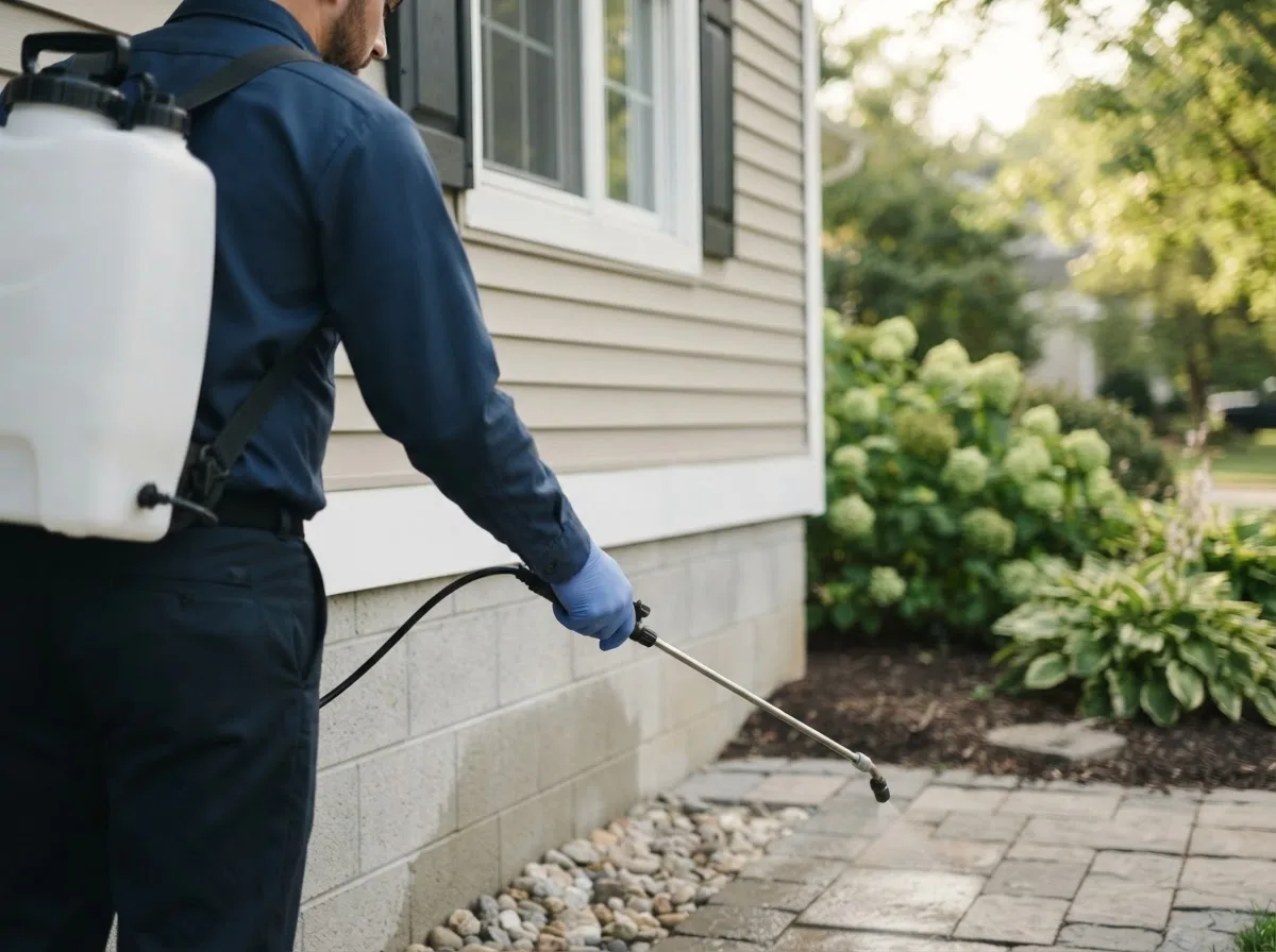 Pest control technician inspecting a home in Stetsonville, WI